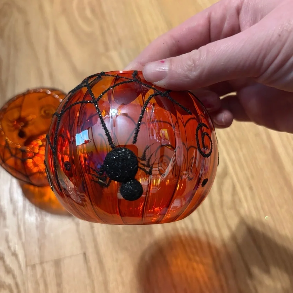 Pier 1 Orange Glass Candle Holders Black Spider Web Circle Blown Halloween